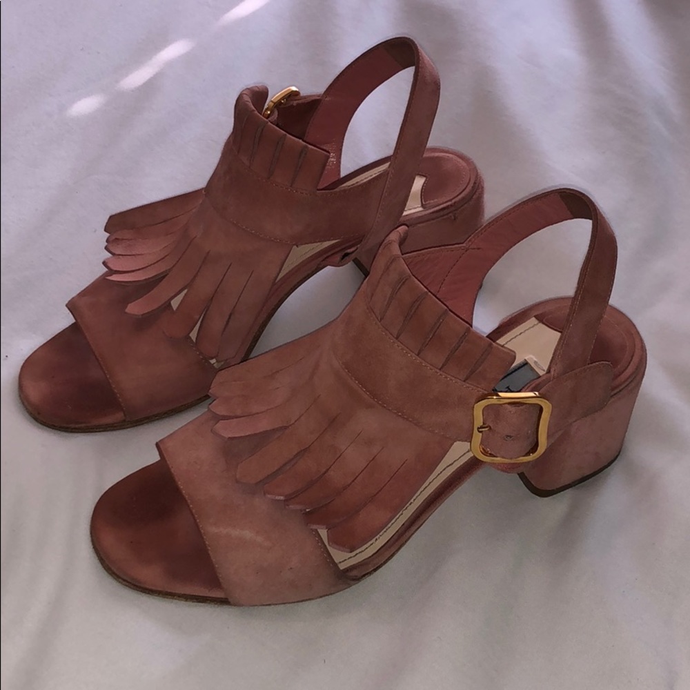 Prada Kiltie Suede block heel sandal